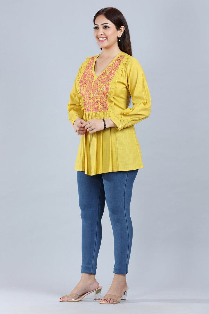 Mustard Cotton Embroidered Gathered Short Kurti