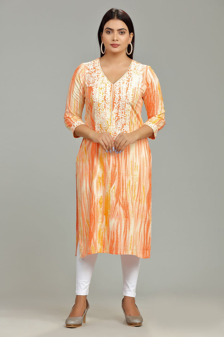 Orange Rayon Straight Embroidered Kurta