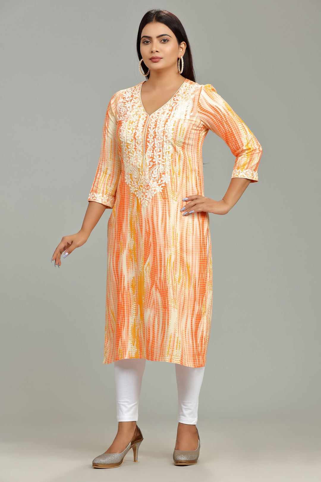 Orange Rayon Straight Embroidered Kurta