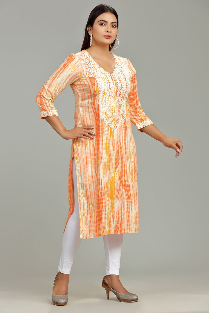 Orange Rayon Straight Embroidered Kurta