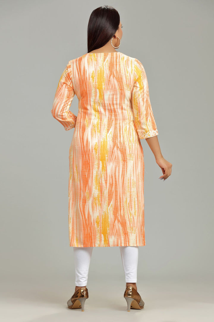 Orange Rayon Straight Embroidered Kurta