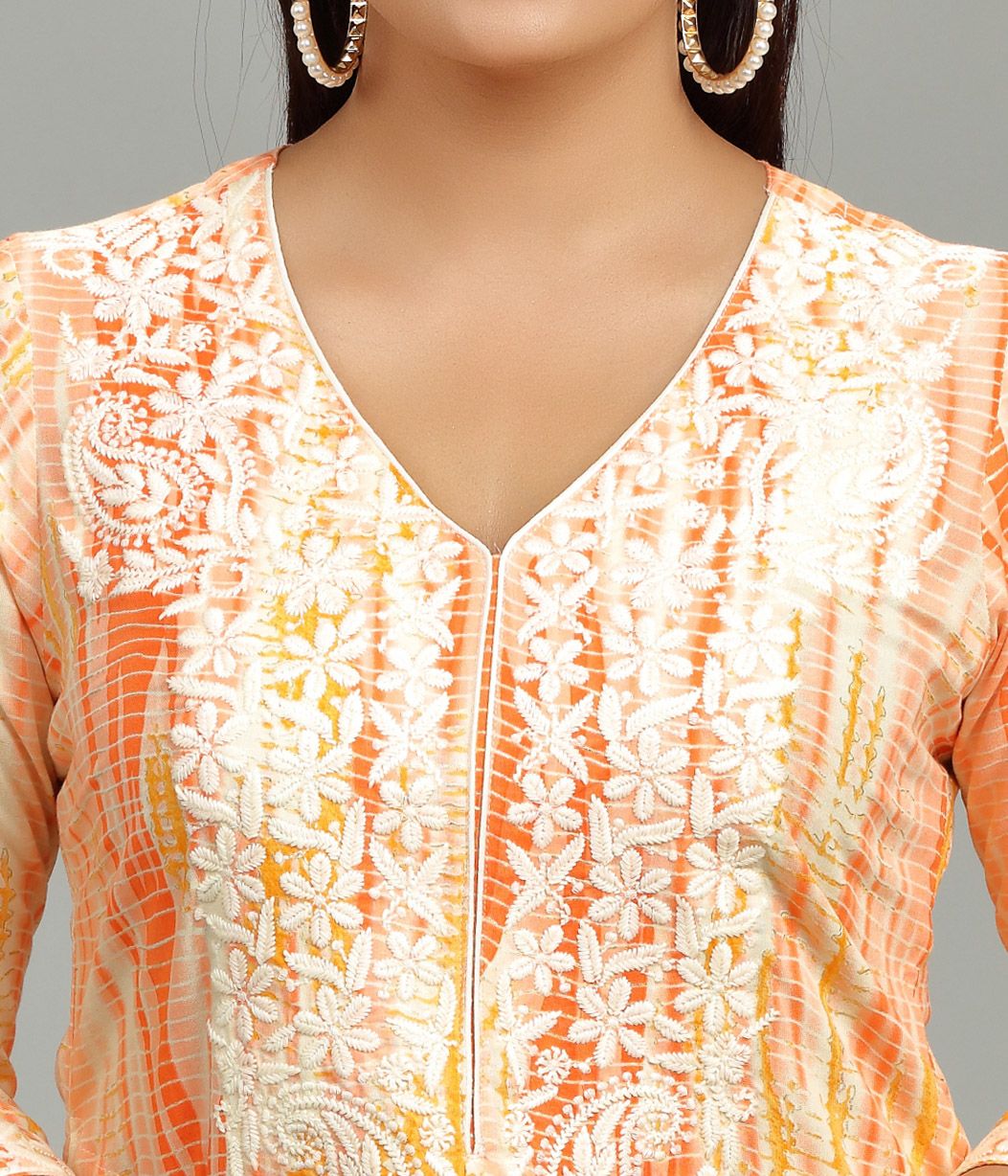 Orange Rayon Straight Embroidered Kurta