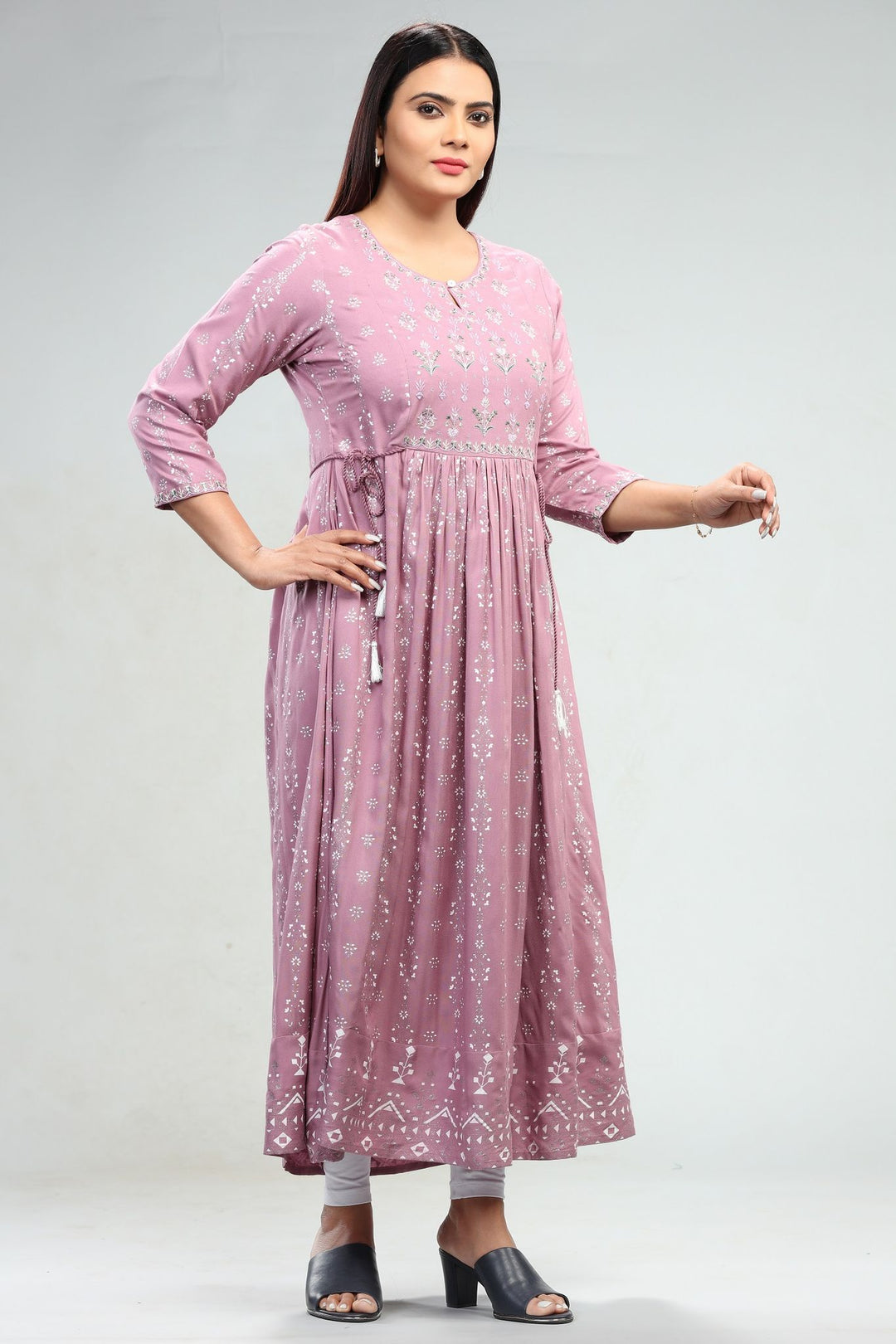 Light Purple Rayon Anarkali Printed Kurta