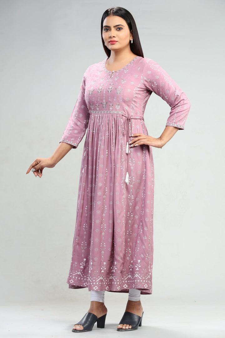 Light Purple Rayon Anarkali Printed Kurta