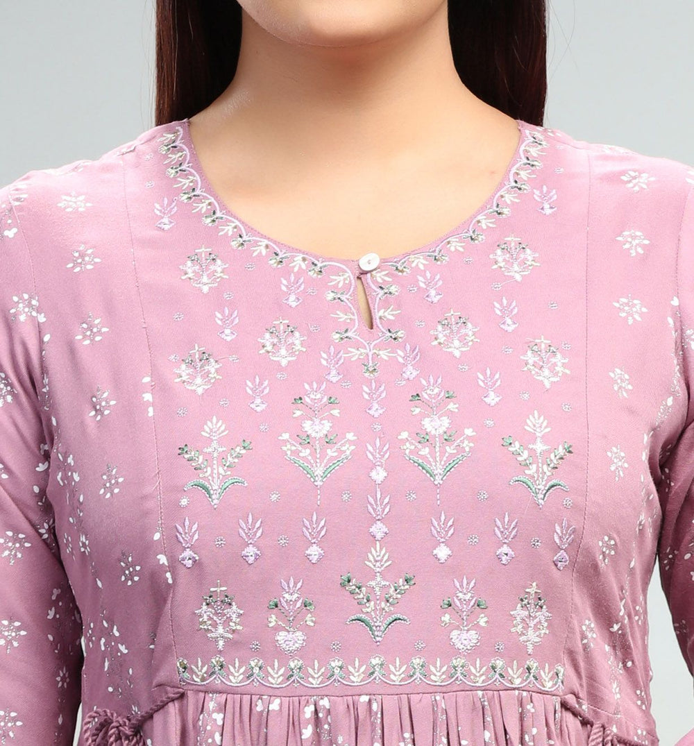 Light Purple Rayon Anarkali Printed Kurta