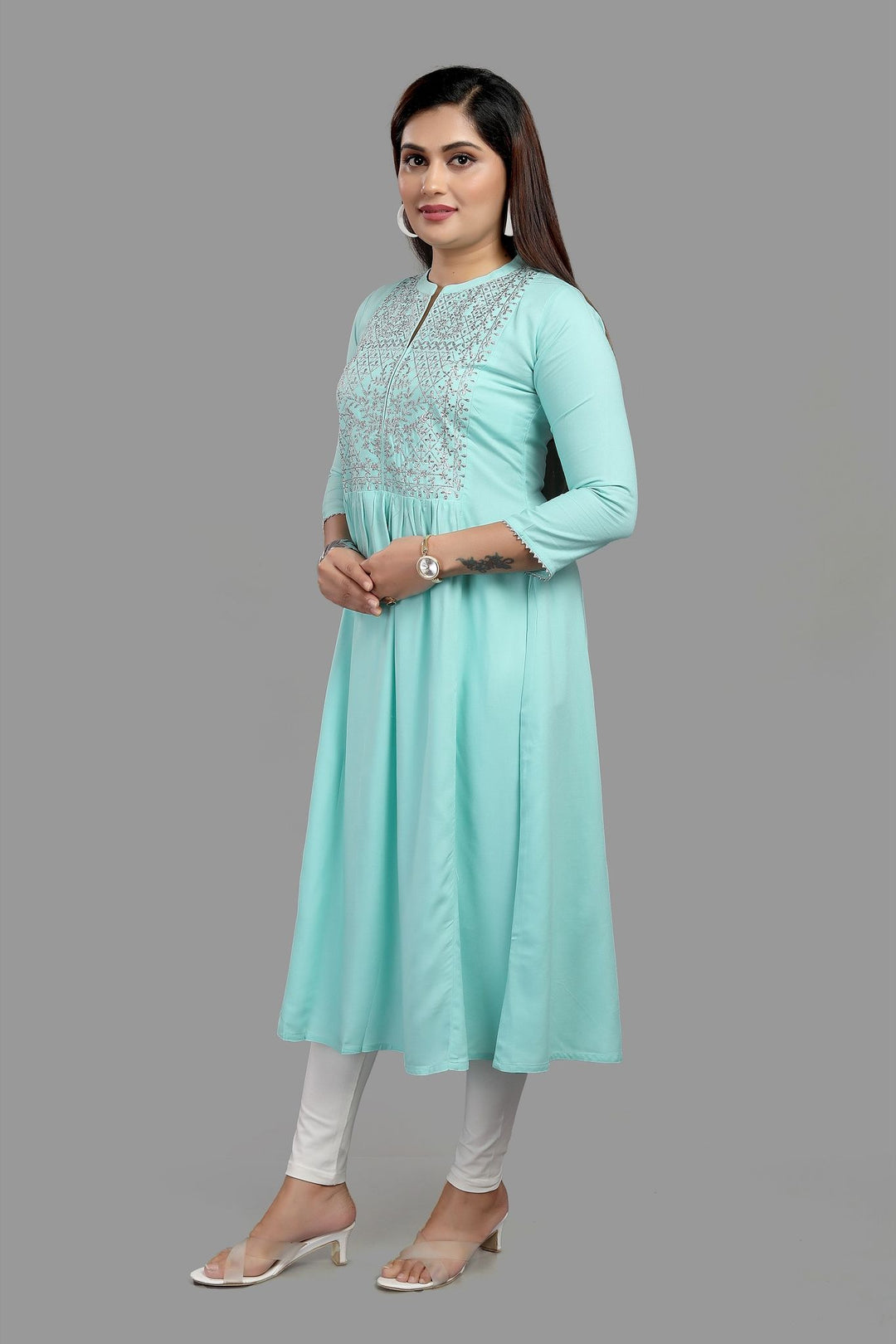 Furat Sky Blue Cotton Embroidered A-Line Kurta