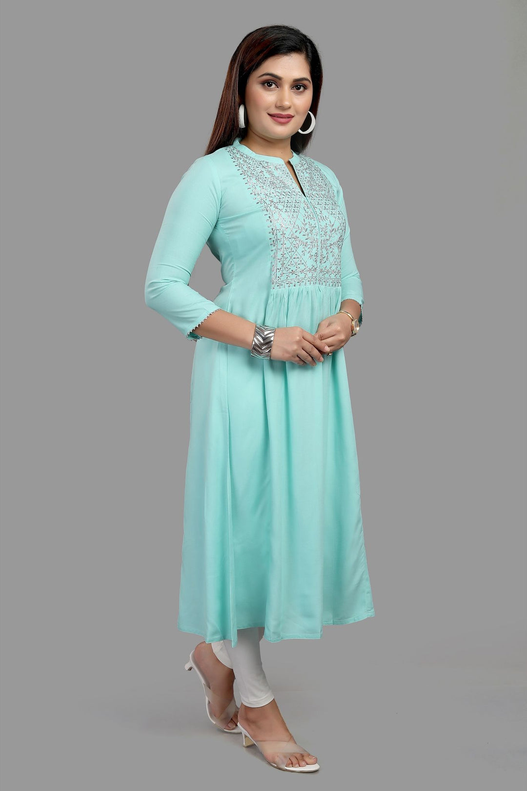 Furat Sky Blue Cotton Embroidered A-Line Kurta