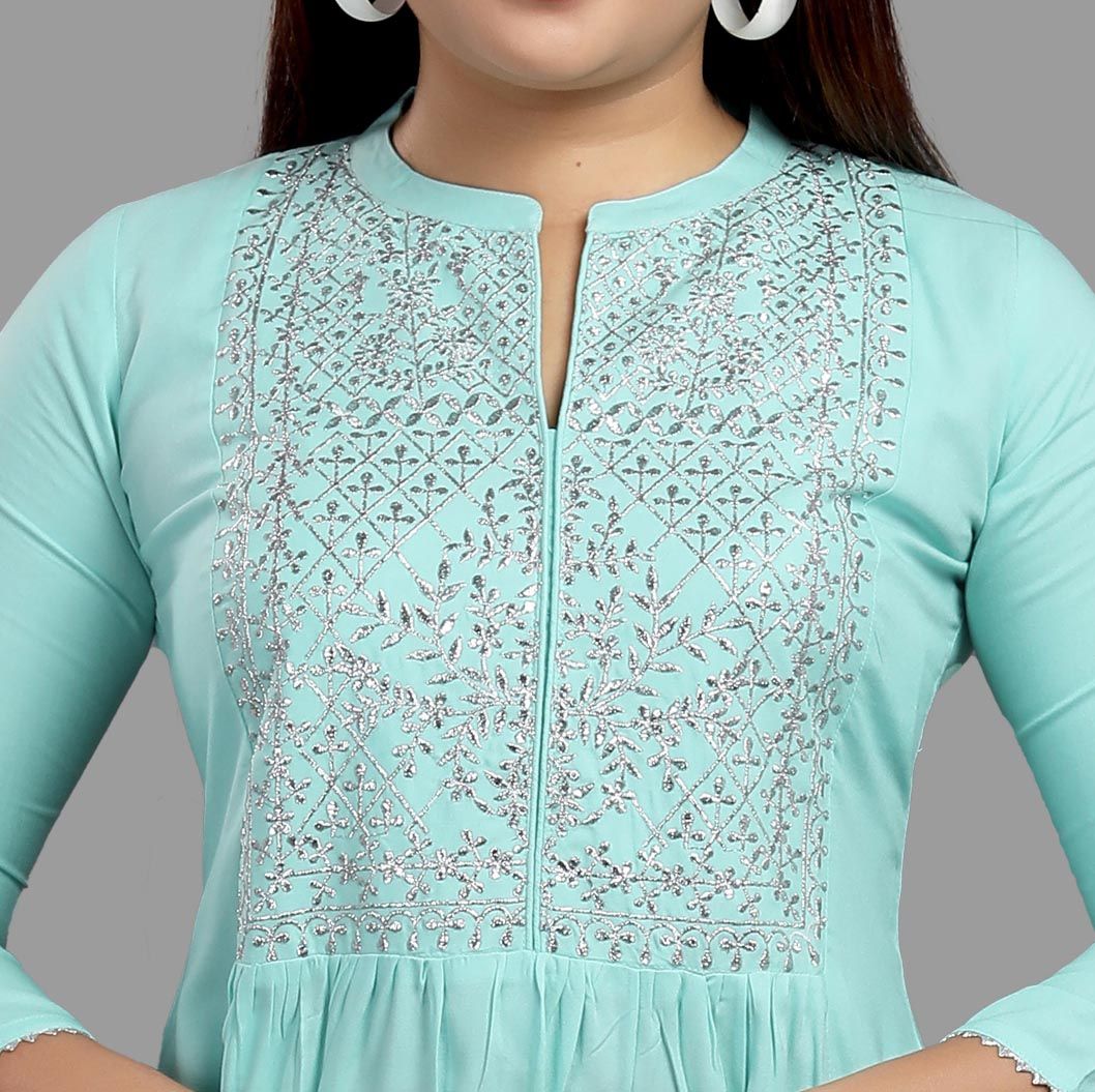 Furat Sky Blue Cotton Embroidered A-Line Kurta