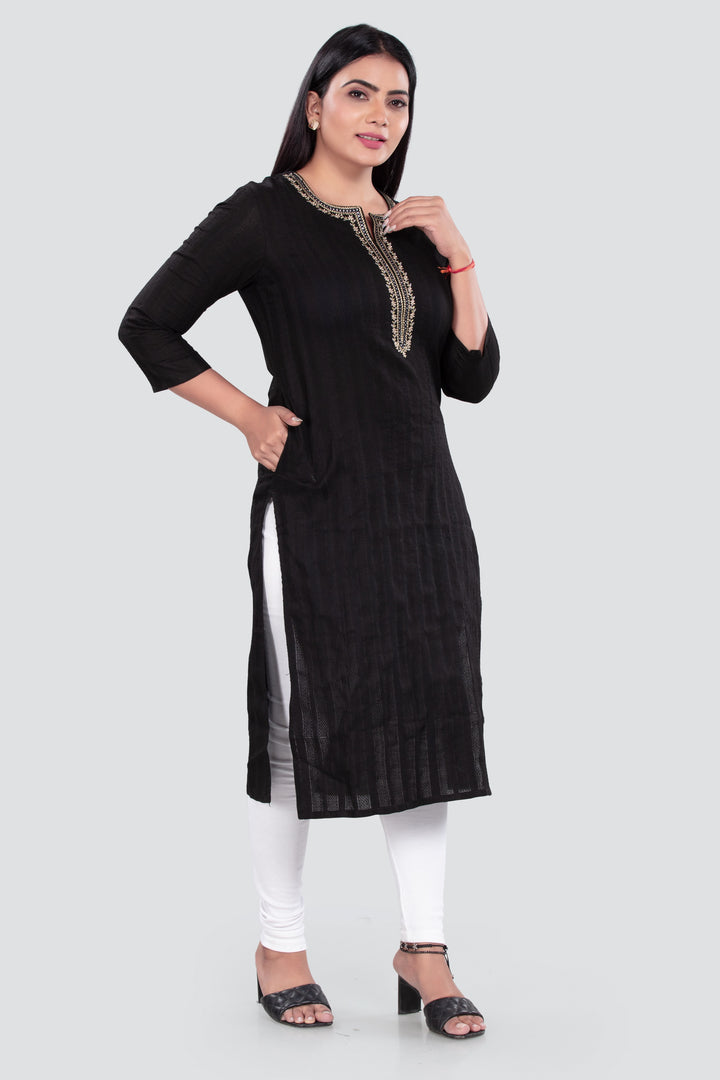 Black Cotton Straight Embroidered Kurta