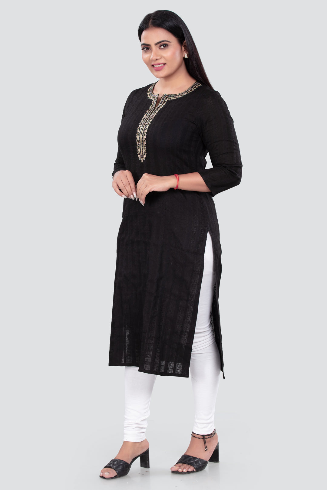 Black Cotton Straight Embroidered Kurta