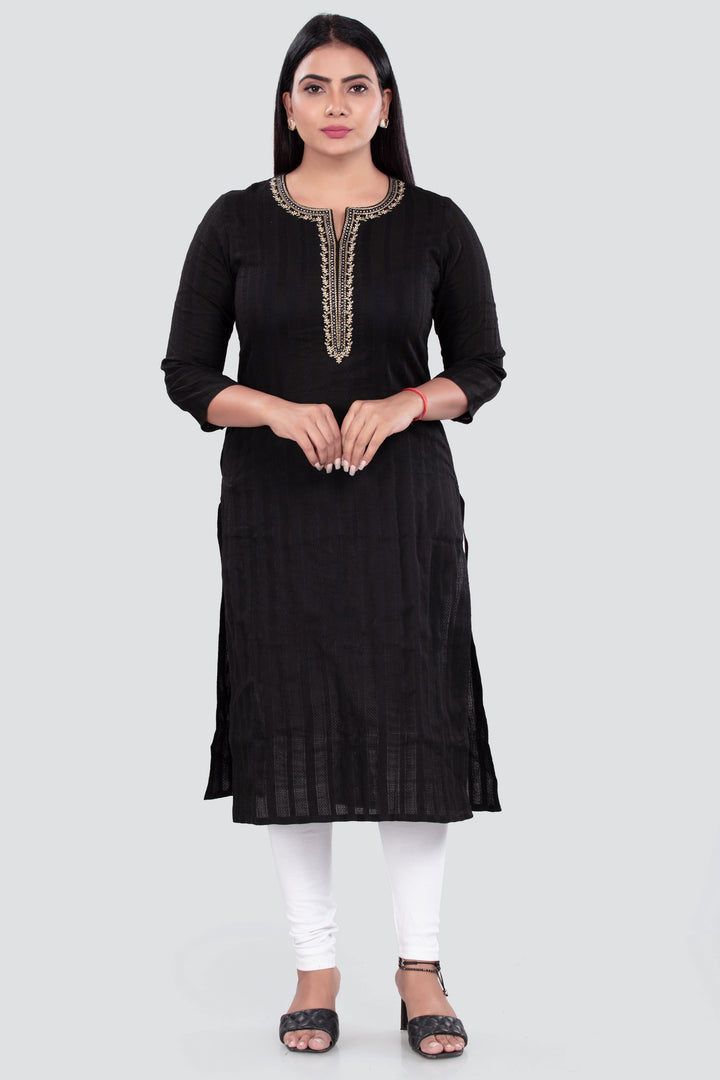 Black Cotton Straight Embroidered Kurta