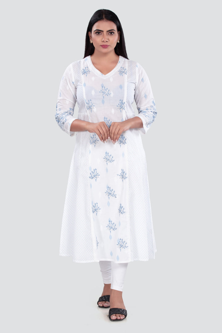 White Cotton A Line Printed Kurta