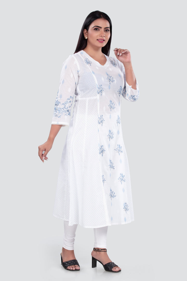 White Cotton A Line Printed Kurta