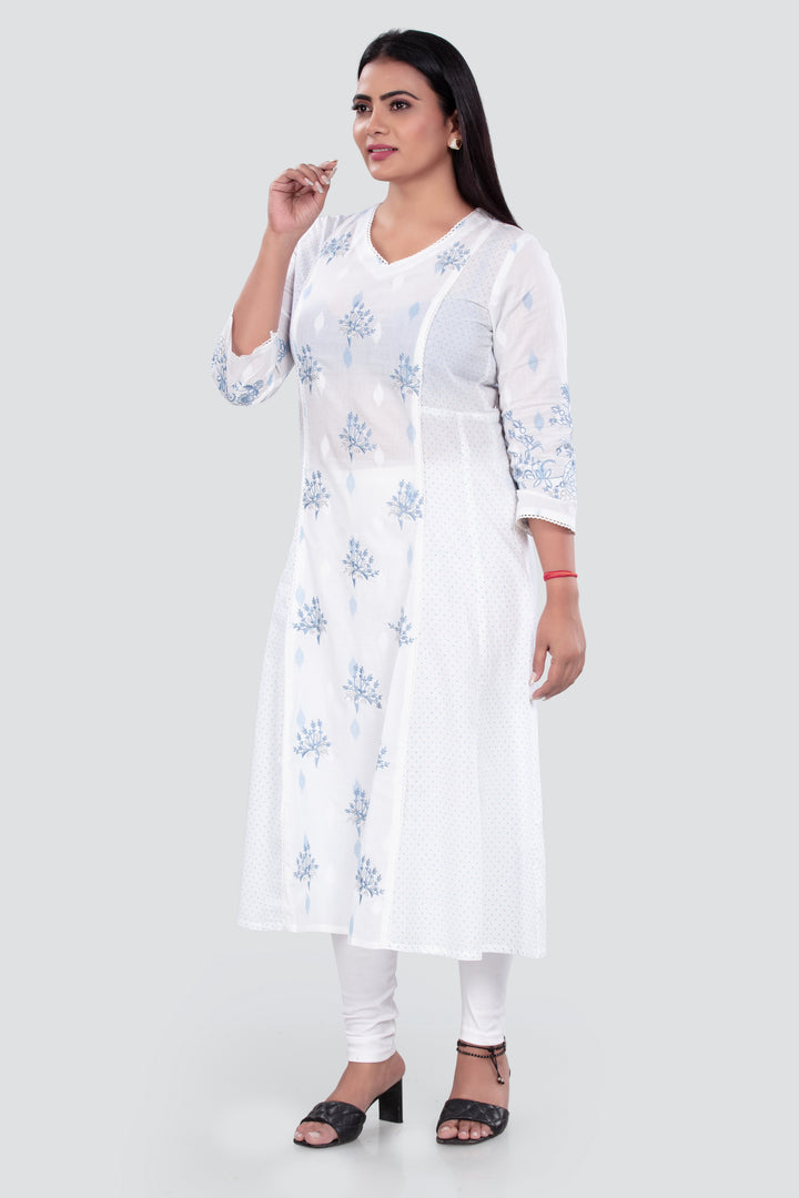 White Cotton A Line Printed Kurta