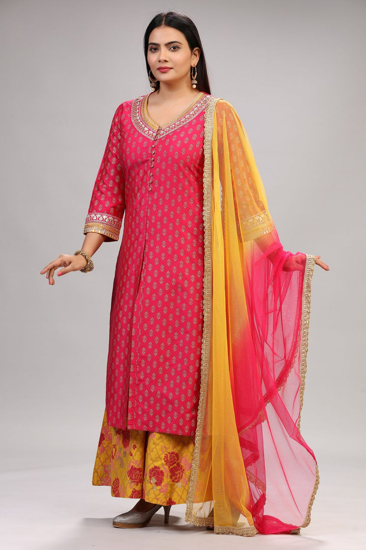 Gangotri Pink & Mustard Cotton Silk Suit Set