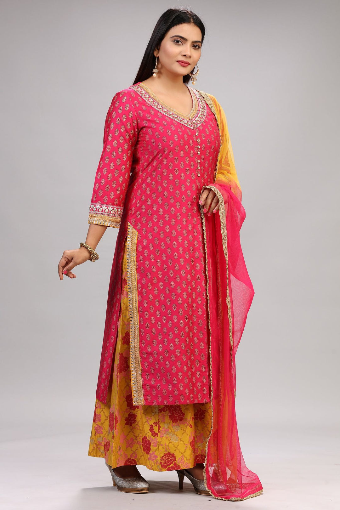 Gangotri Pink & Mustard Cotton Silk Suit Set