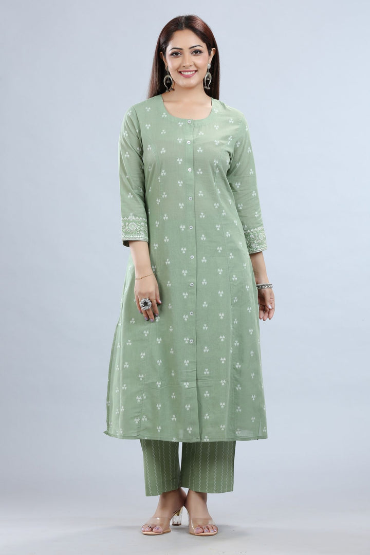 Pista Green Cotton A Line Yarndyed Kurta Pant Co ord Set