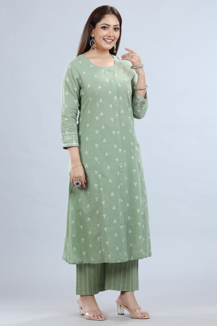 Pista Green Cotton A Line Yarndyed Kurta Pant Co ord Set