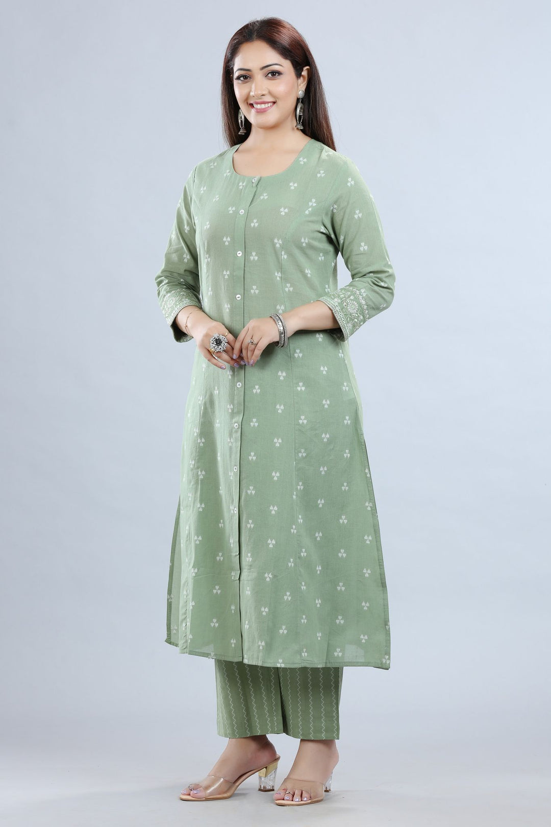 Pista Green Cotton A Line Yarndyed Kurta Pant Co ord Set