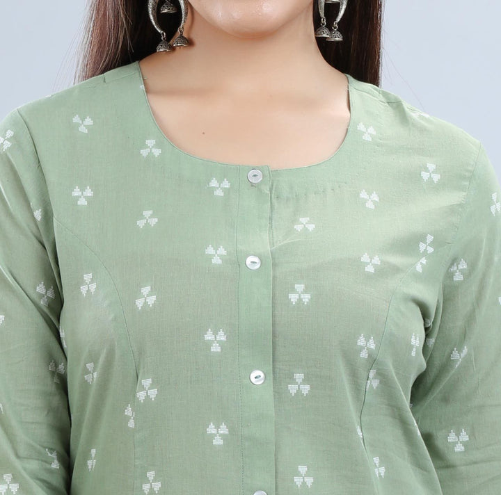 Pista Green Cotton A Line Yarndyed Kurta Pant Co ord Set