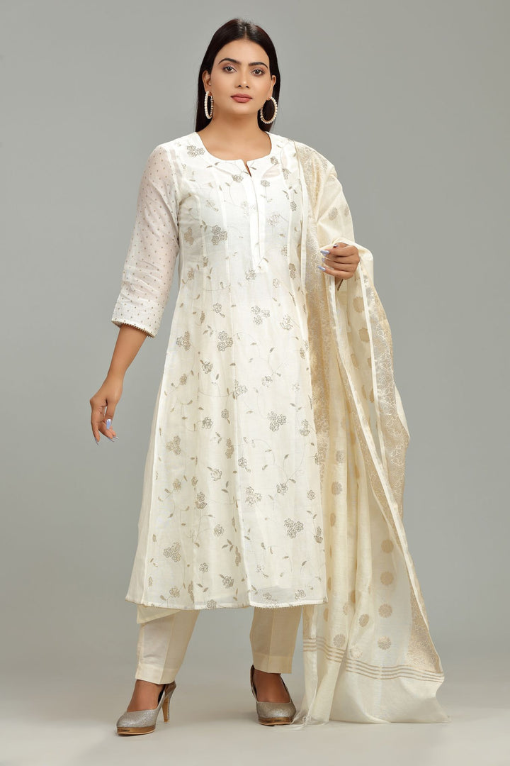 Off White Chanderi A Line Embroidered Kurta Pant Suit Set