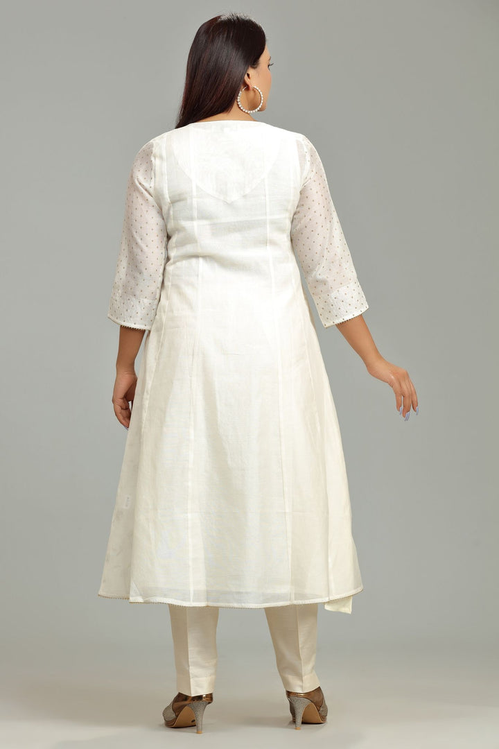 Off White Chanderi A Line Embroidered Kurta Pant Suit Set