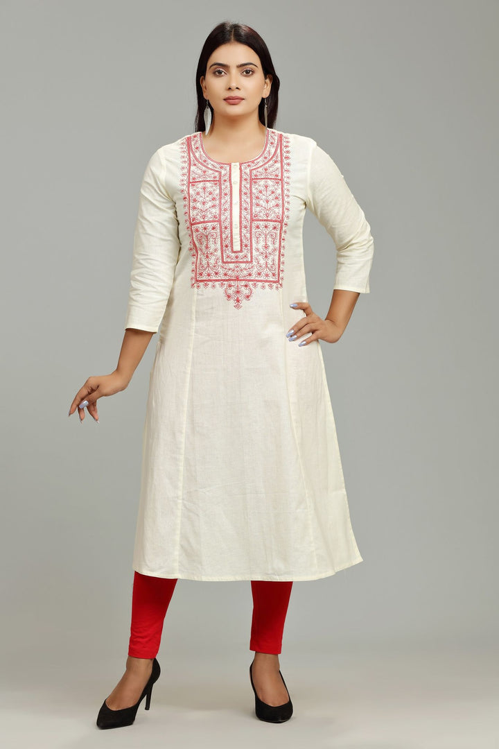 Off White Cotton A Line Embroidered Kurta