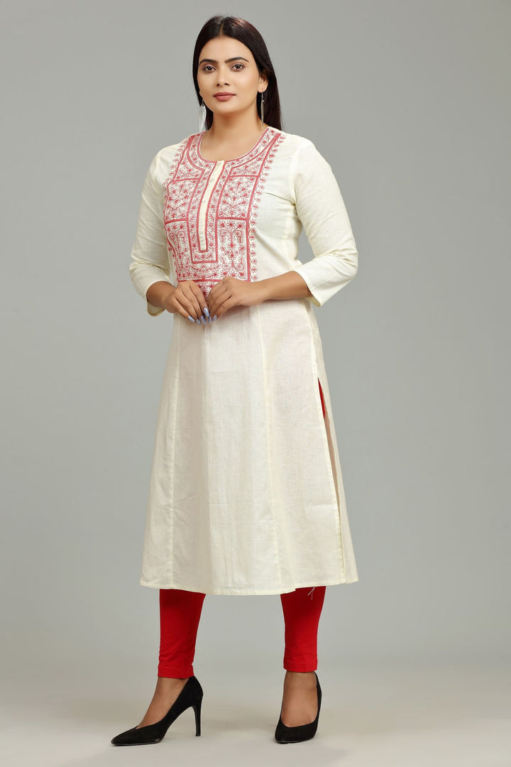 Off White Cotton A Line Embroidered Kurta