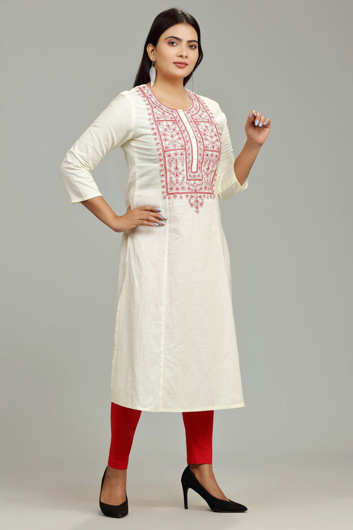 Off White Cotton A Line Embroidered Kurta