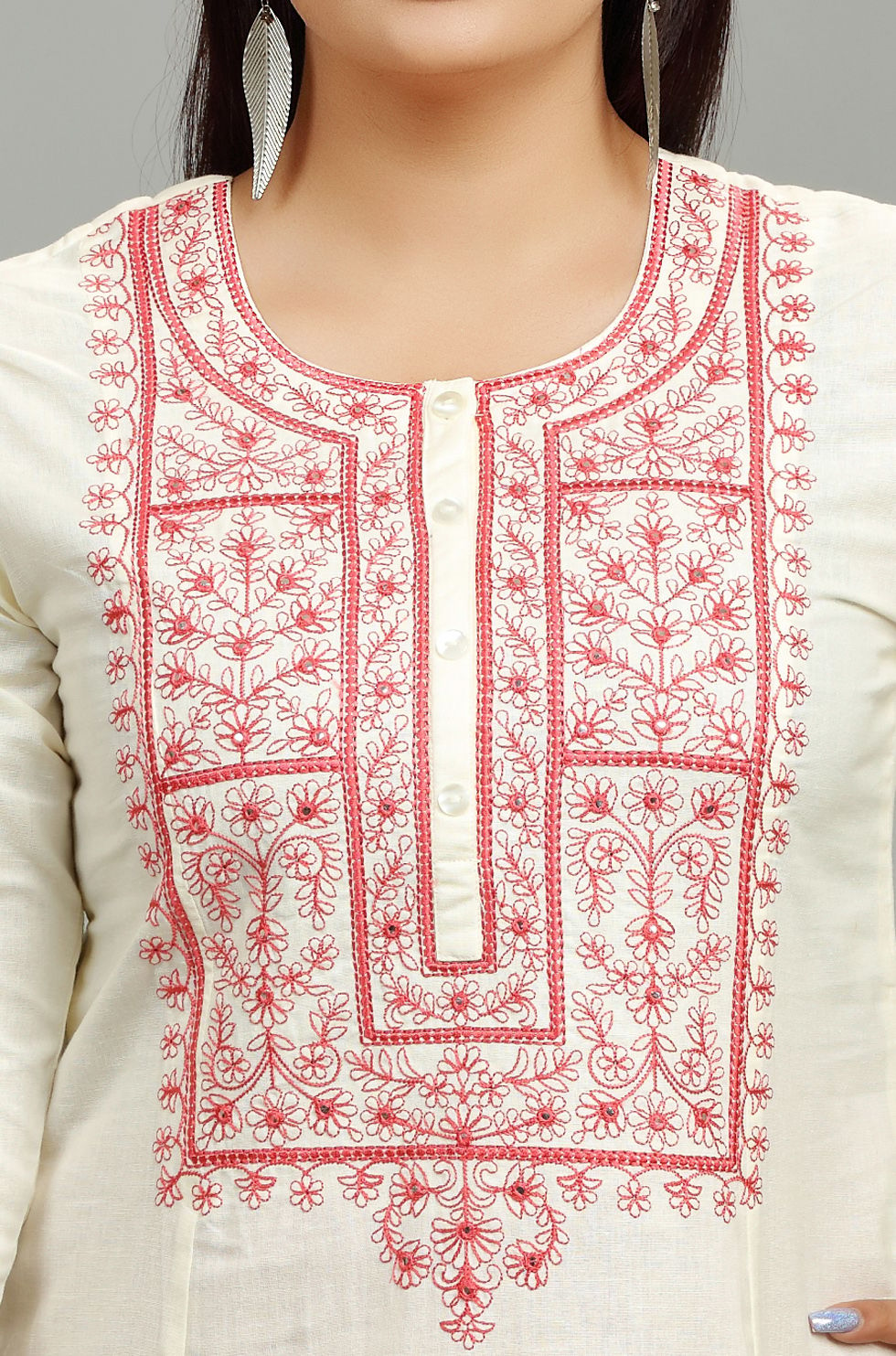 Off White Cotton A Line Embroidered Kurta