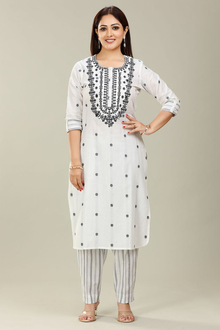 Off White Cotton Straight Embroidered Kurta Pant Co ord Set