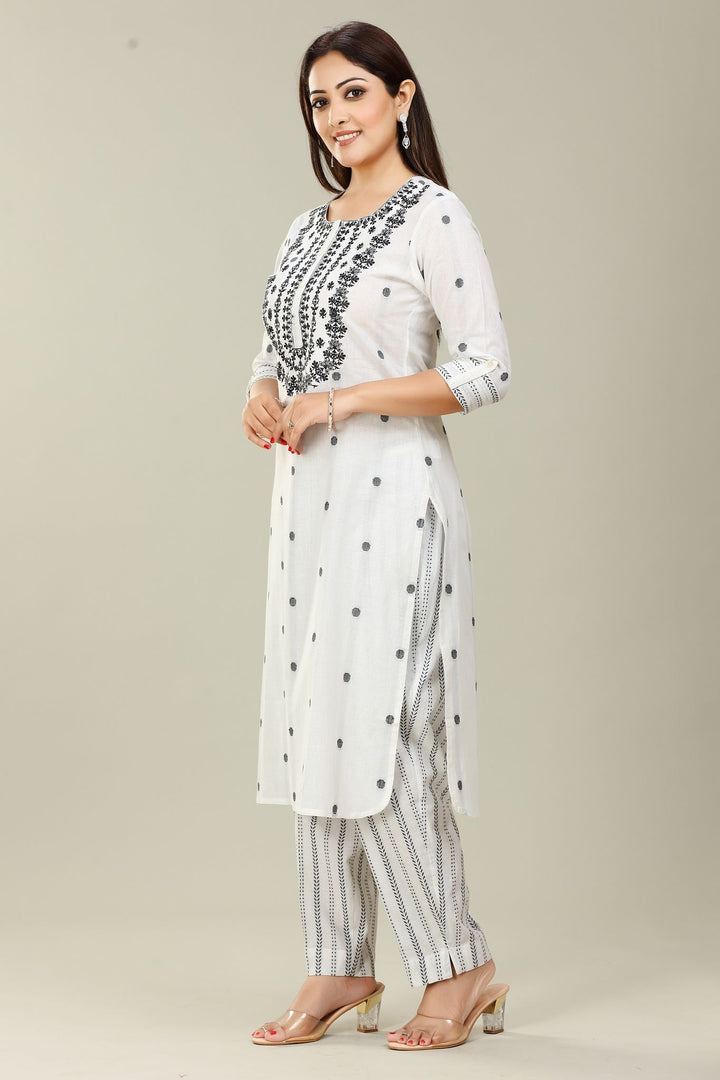 Off White Cotton Straight Embroidered Kurta Pant Co ord Set