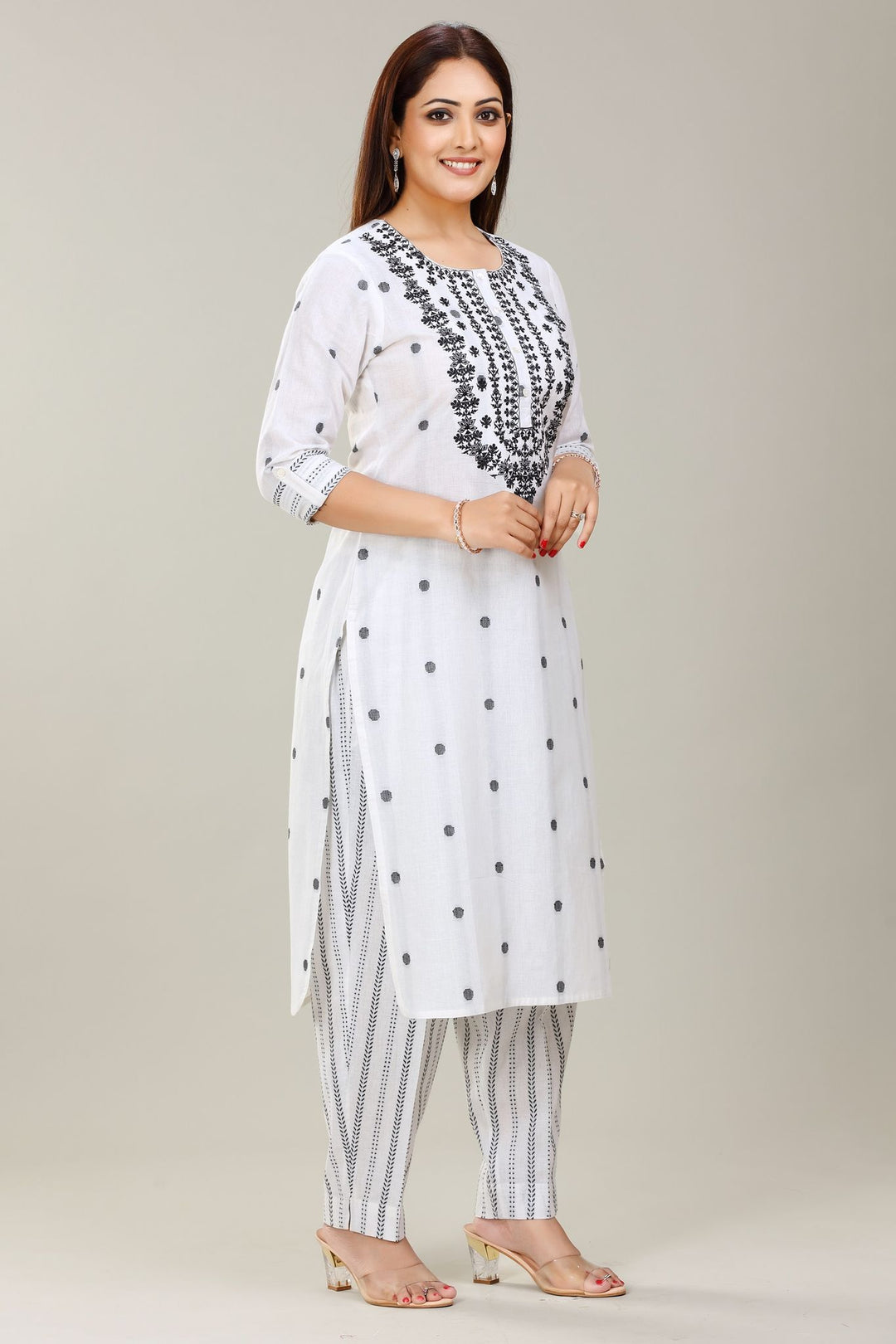 Off White Cotton Straight Embroidered Kurta Pant Co ord Set