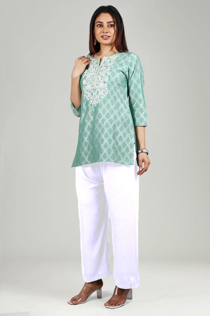 Mint Green PolySilk Straight Embroidered Short Kurta