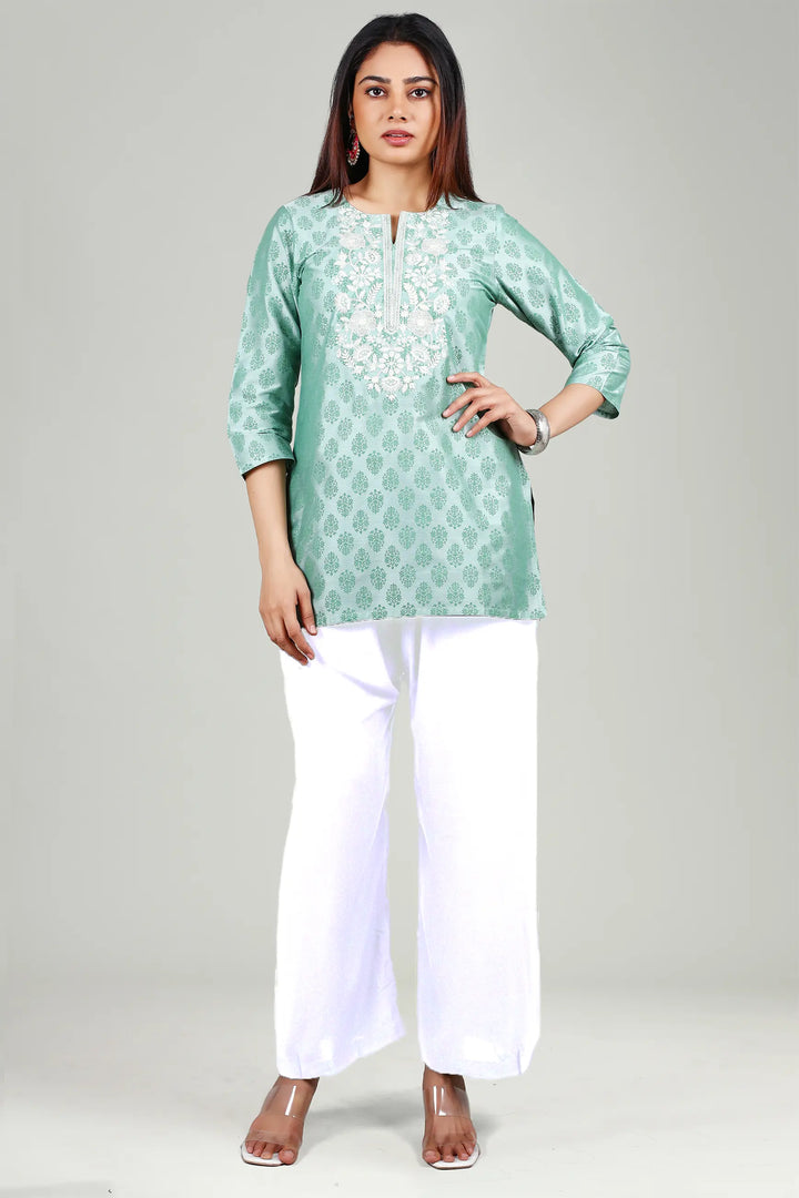 Mint Green PolySilk Straight Embroidered Short Kurta