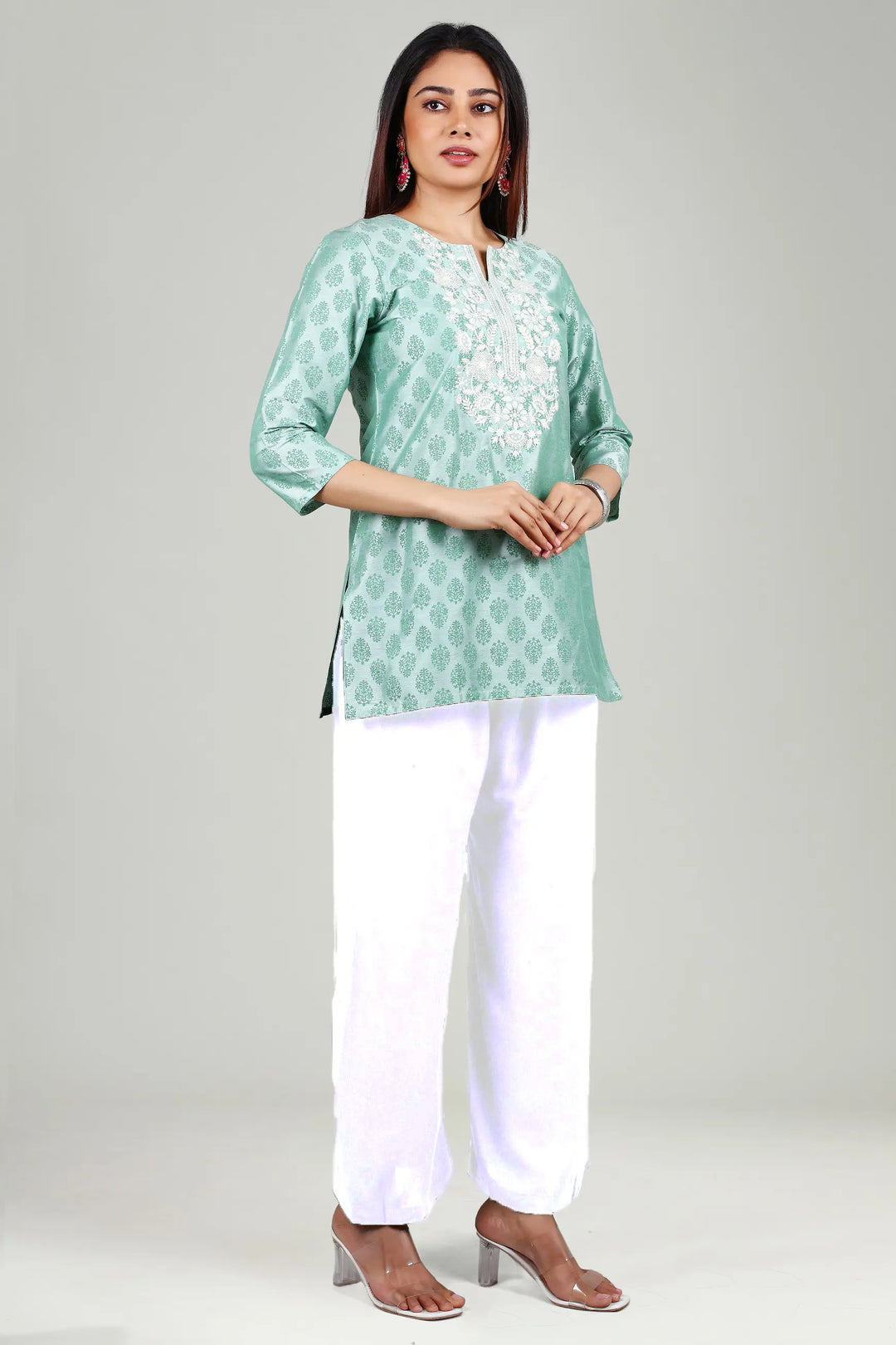 Mint Green PolySilk Straight Embroidered Short Kurta