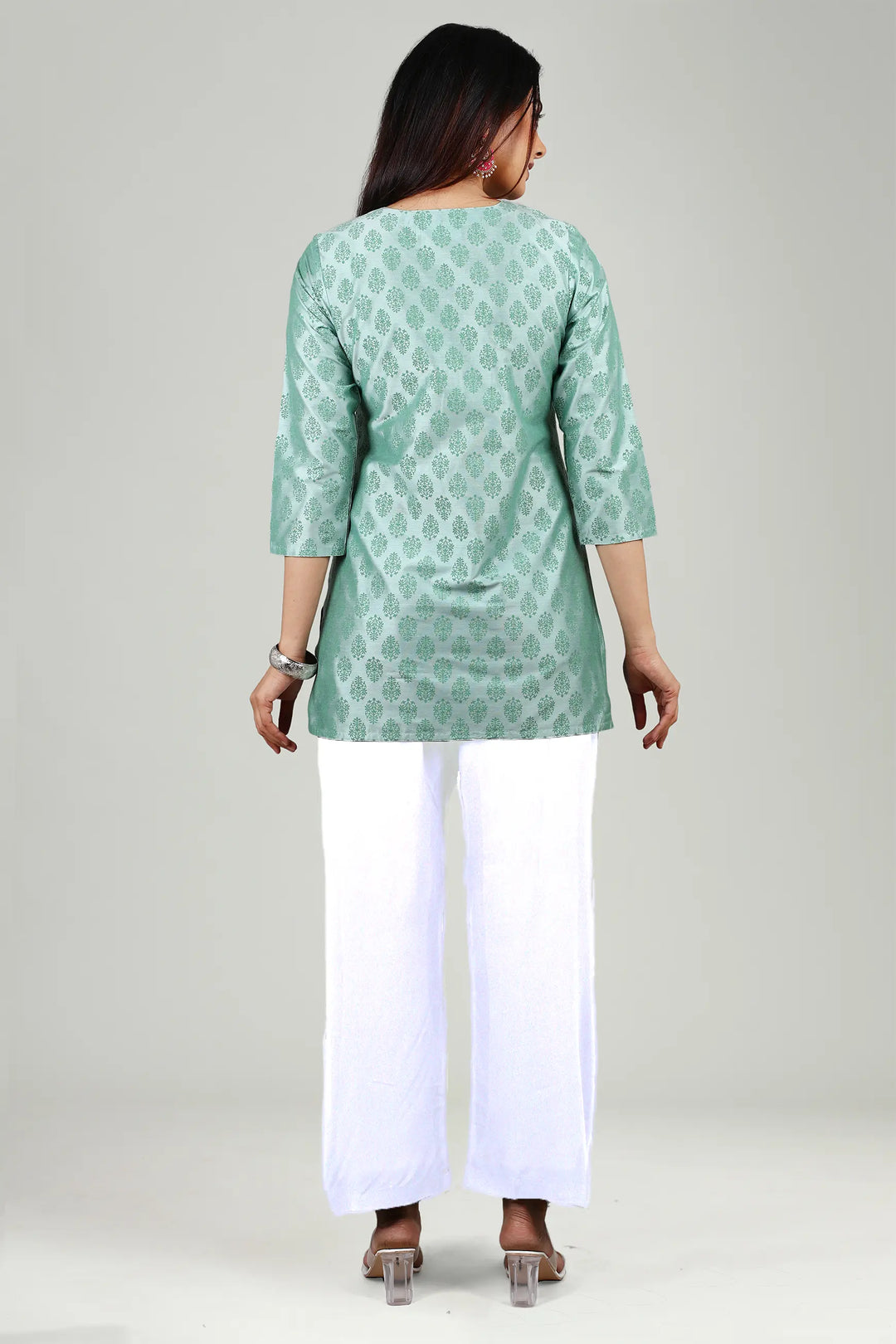 Mint Green PolySilk Straight Embroidered Short Kurta