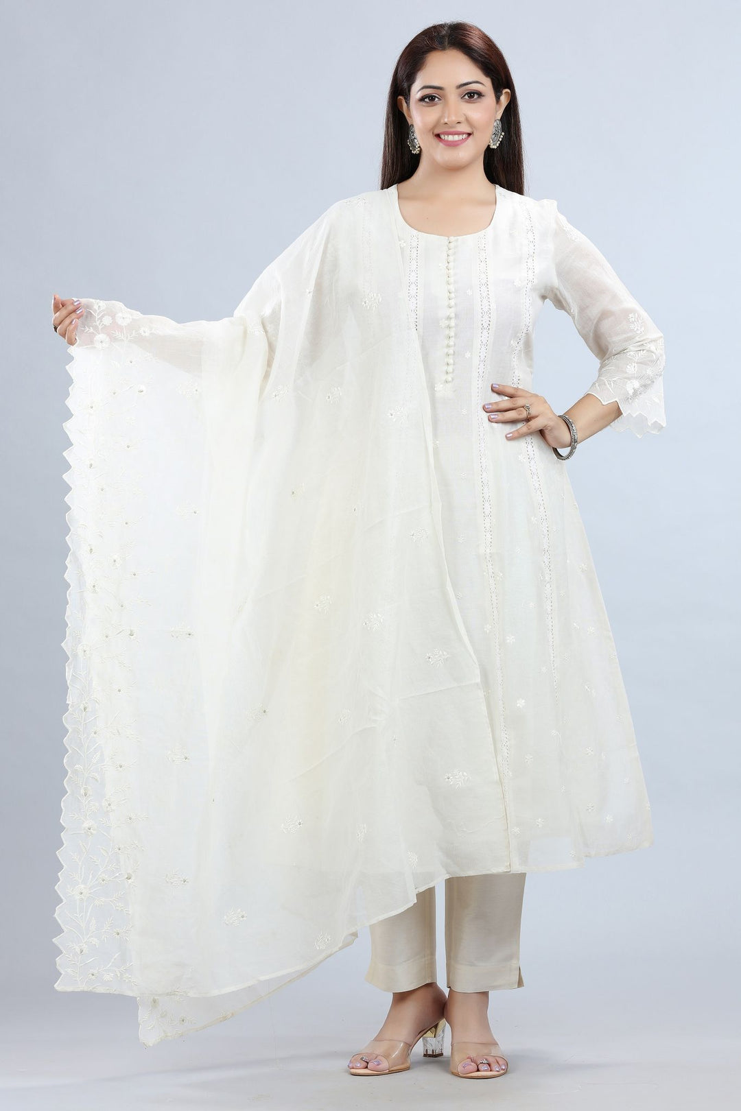 Hadiya Cream Chanderi Embroidered  A-Line Suit Set