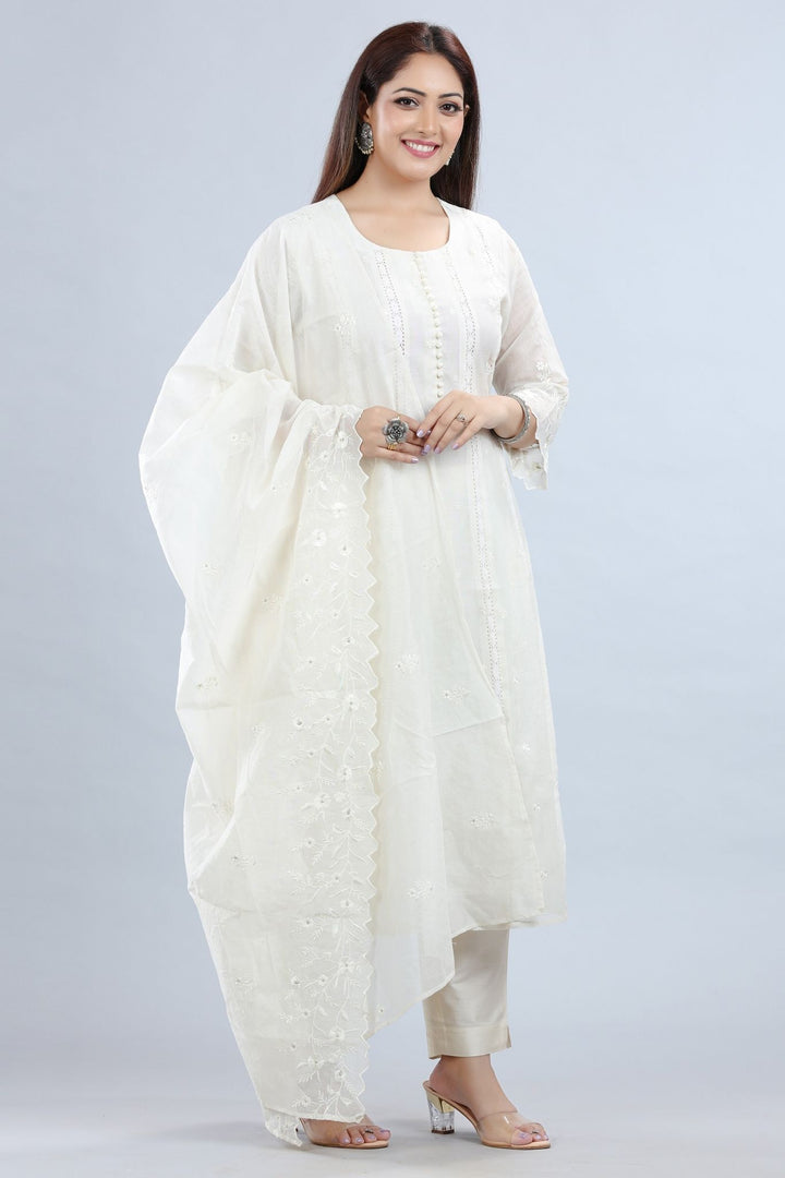 Hadiya Cream Chanderi Embroidered  A-Line Suit Set