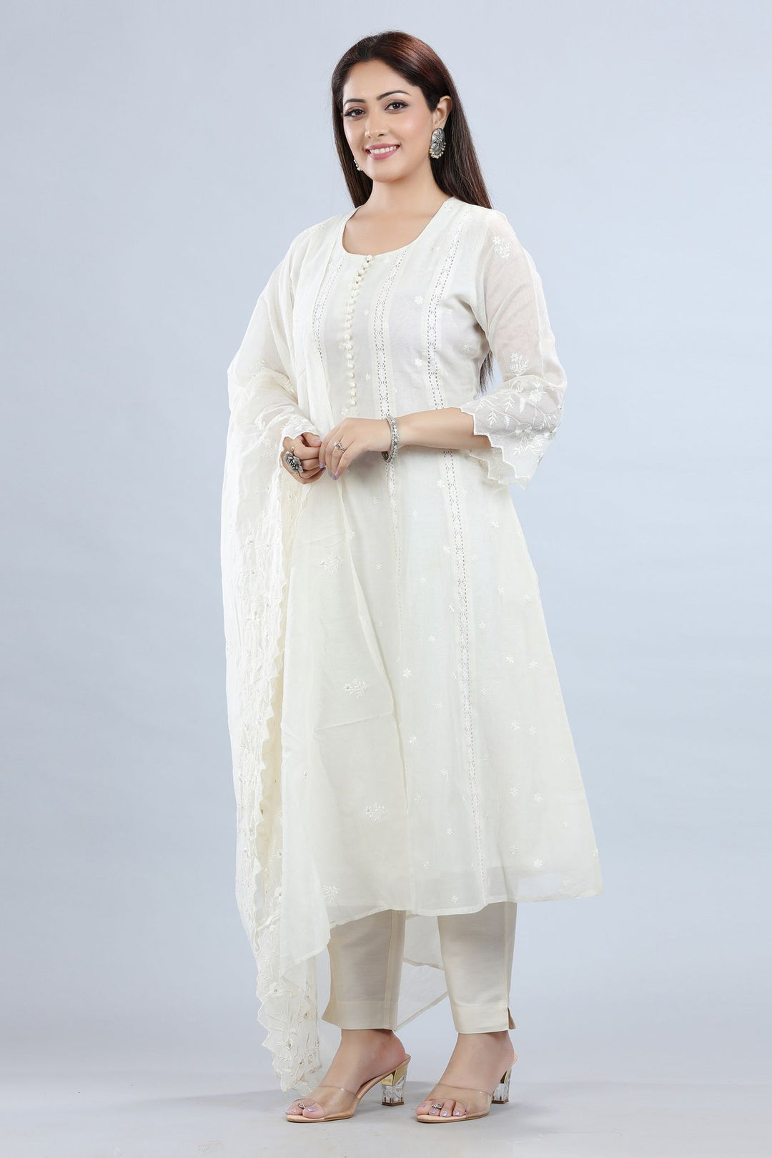 Hadiya Cream Chanderi Embroidered  A-Line Suit Set