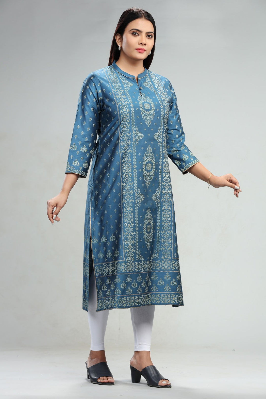 Royal Blue Cotton Silk Straight Printed Kurta