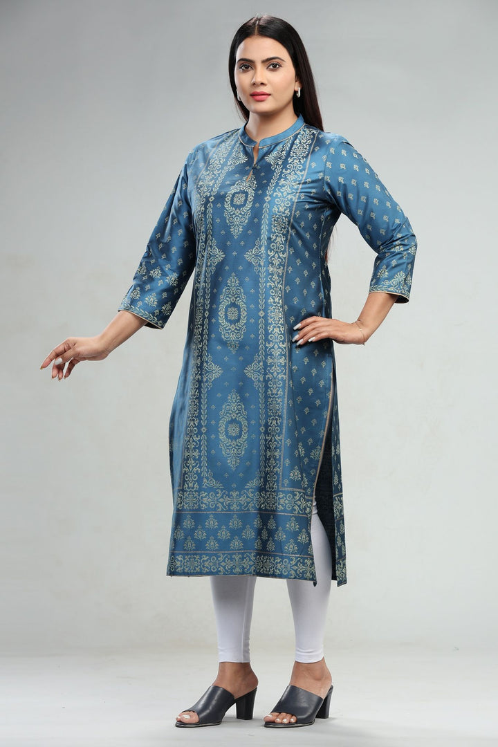 Royal Blue Cotton Silk Straight Printed Kurta