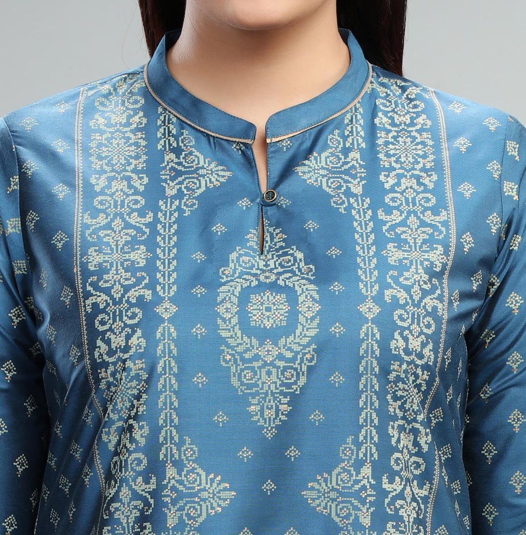 Royal Blue Cotton Silk Straight Printed Kurta