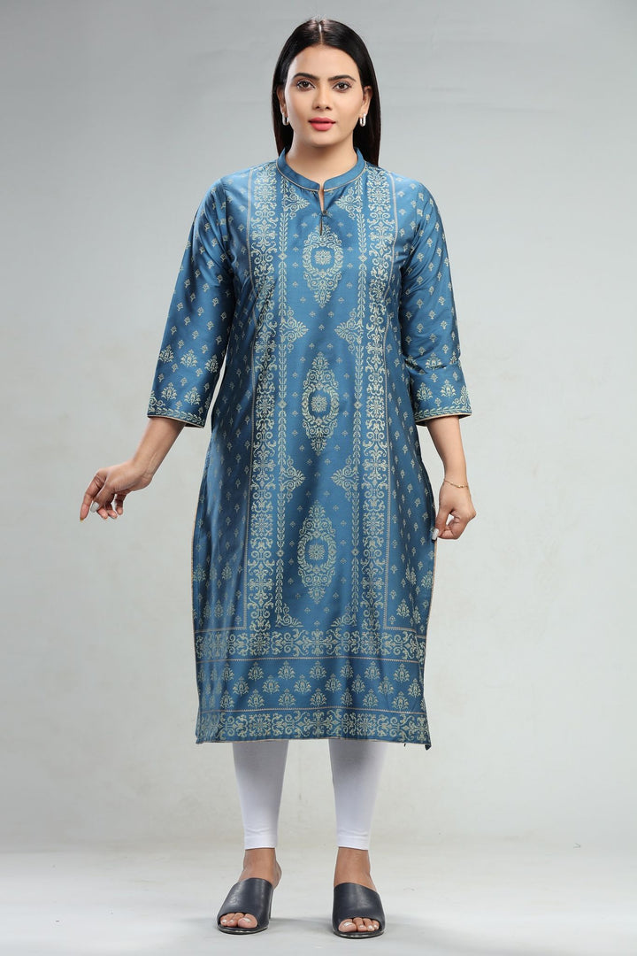 Royal Blue Cotton Silk Straight Printed Kurta