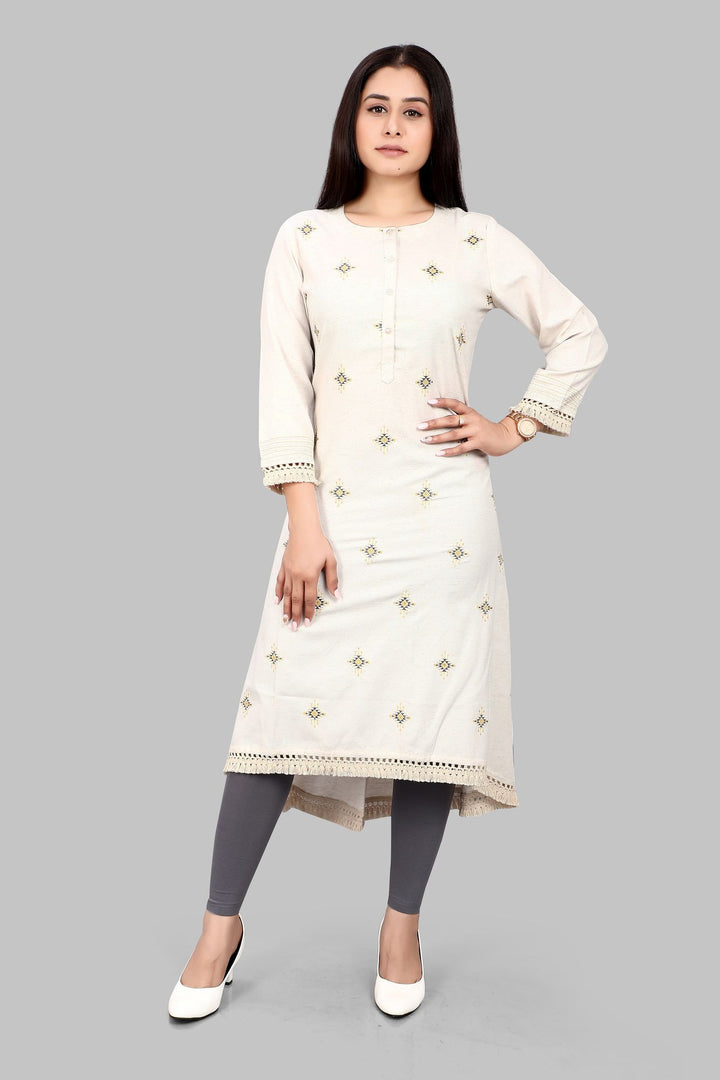 Off White Cotton A-Line Embroidered Kurta