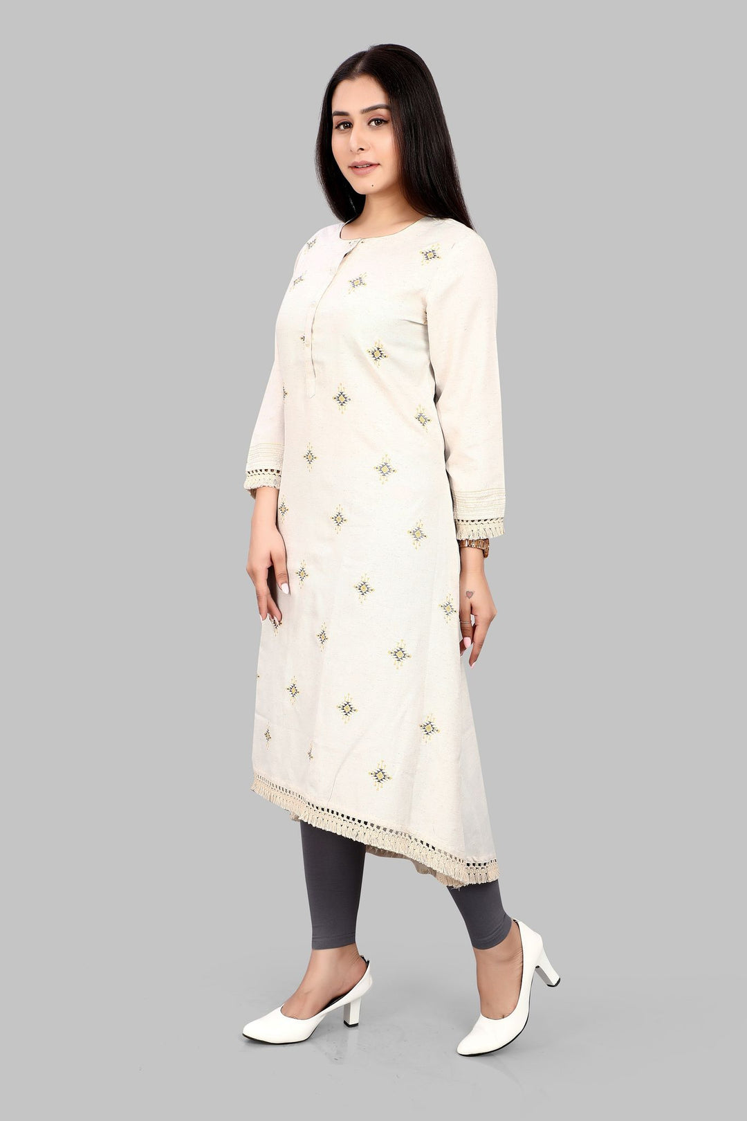 Off White Cotton A-Line Embroidered Kurta