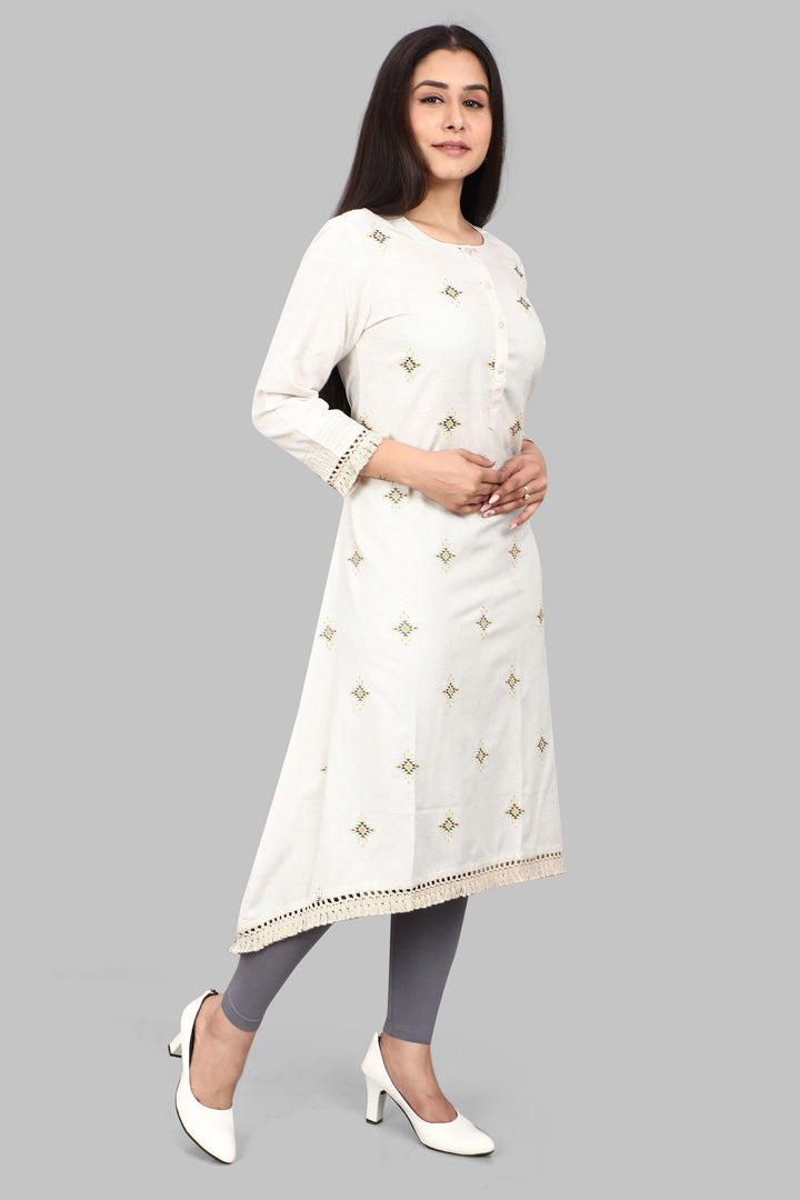 Off White Cotton A-Line Embroidered Kurta