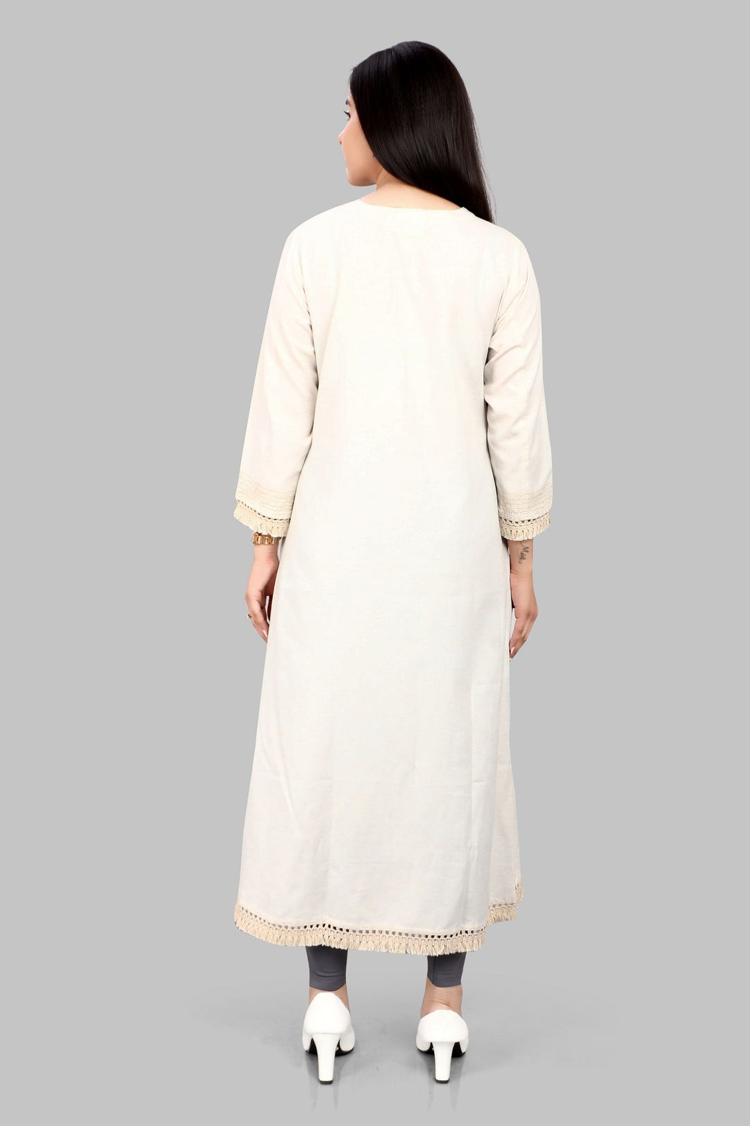 Off White Cotton A-Line Embroidered Kurta