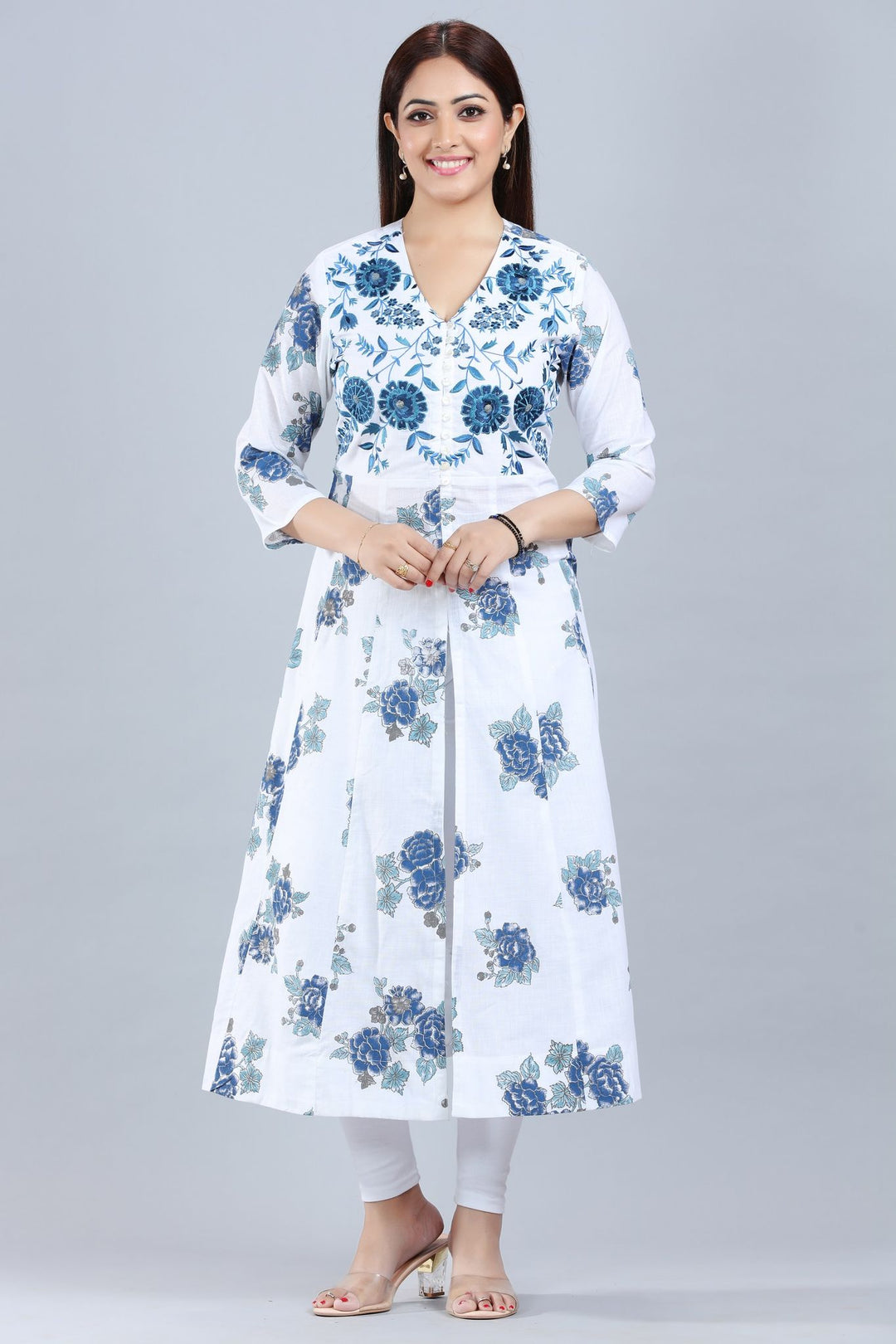 Hanshita Off White Cotton A Line Front Open Kurtis