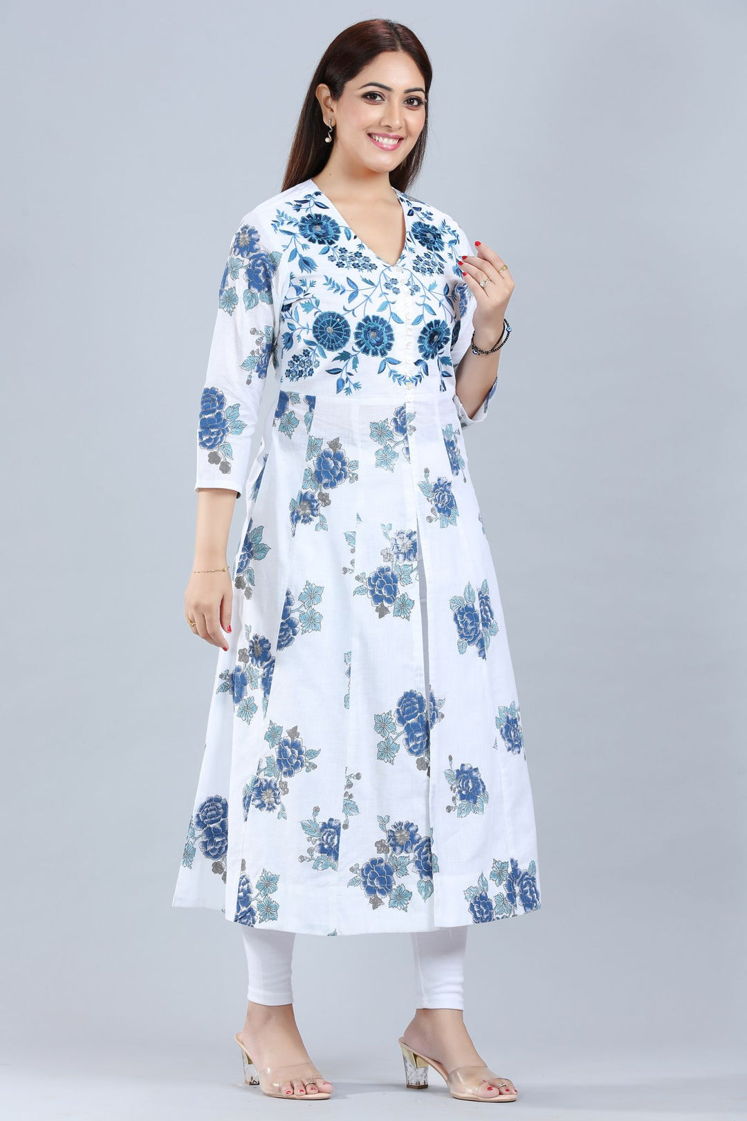 Hanshita Off White Cotton A Line Front Open Kurtis